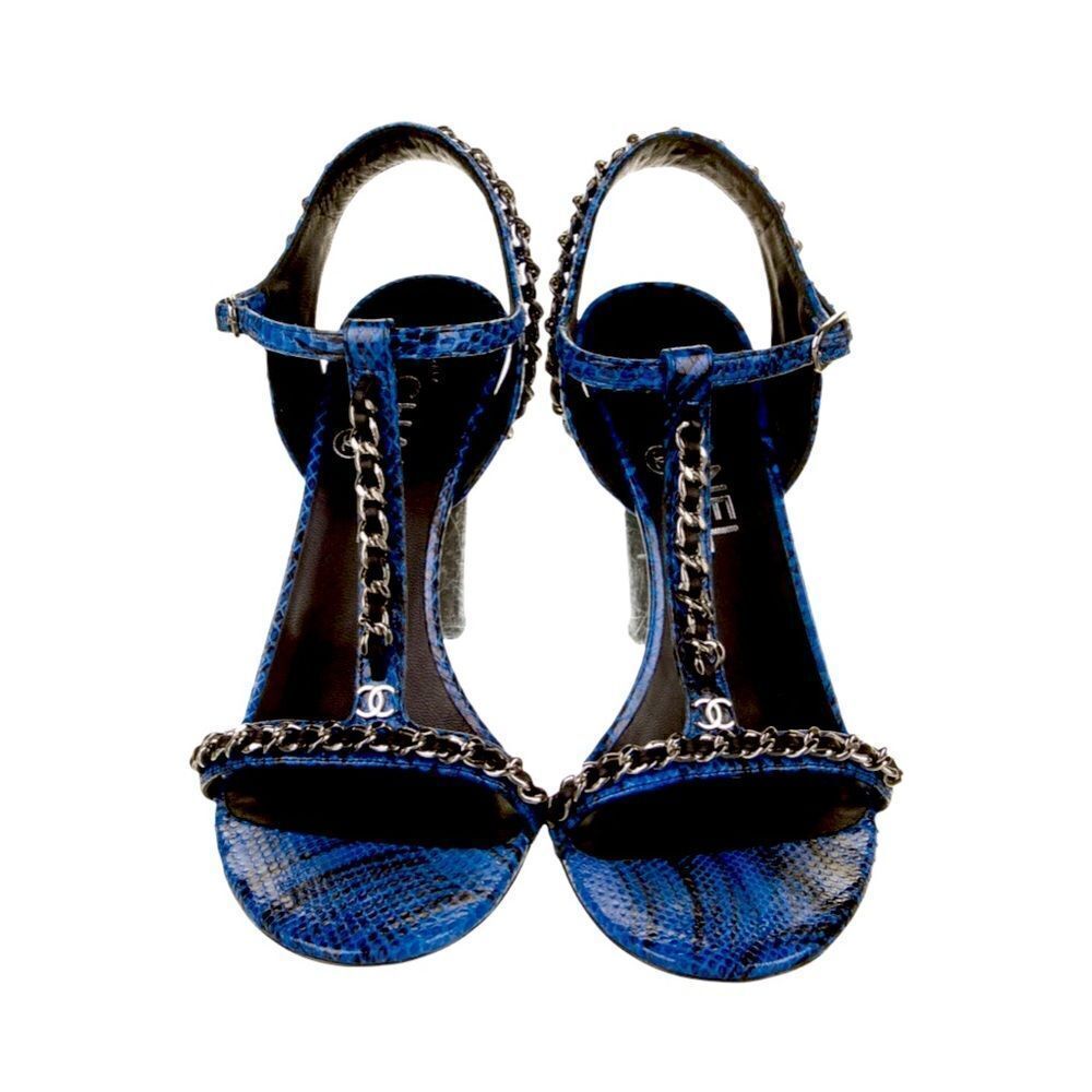 Chanel Blue Python Heels Chainlinkdetail/Cc Logo … - image 1
